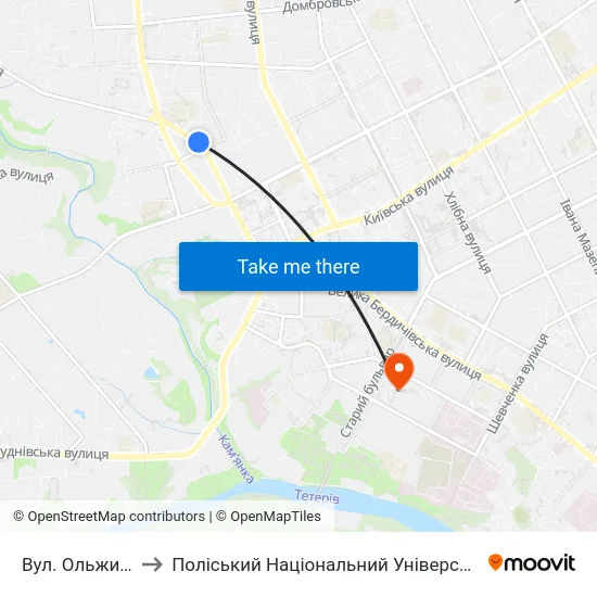 Вул. Ольжича to Поліський Національний Університет map
