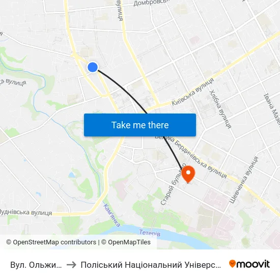 Вул. Ольжича to Поліський Національний Університет map