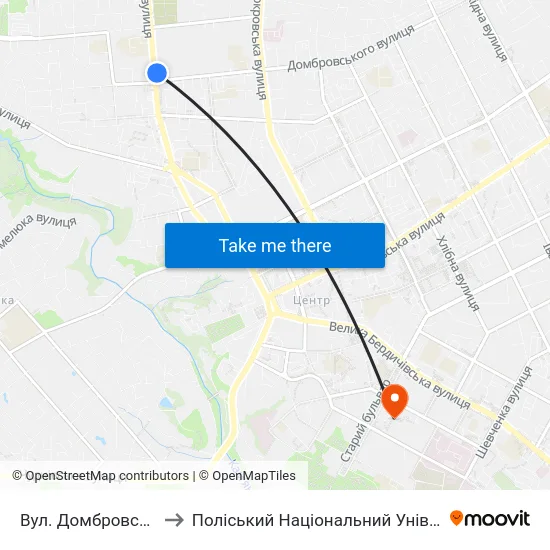 Вул. Домбровського to Поліський Національний Університет map