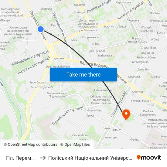 Пл. Перемоги to Поліський Національний Університет map