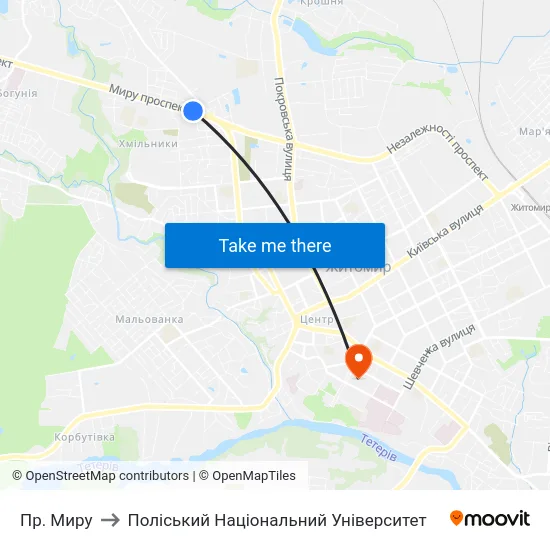 Пр. Миру to Поліський Національний Університет map