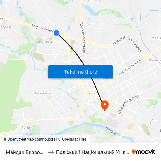 Майдан Визволення to Поліський Національний Університет map
