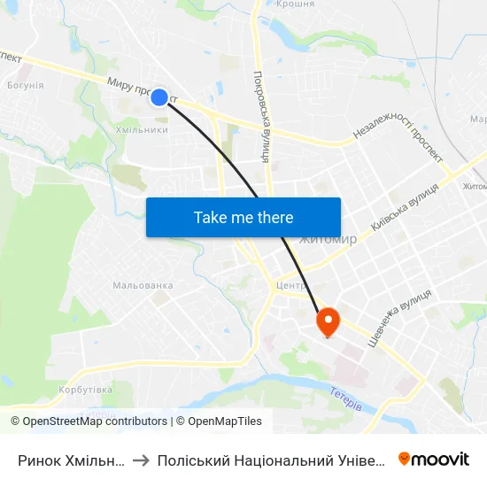 Ринок Хмільники to Поліський Національний Університет map