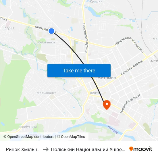 Ринок Хмільники to Поліський Національний Університет map