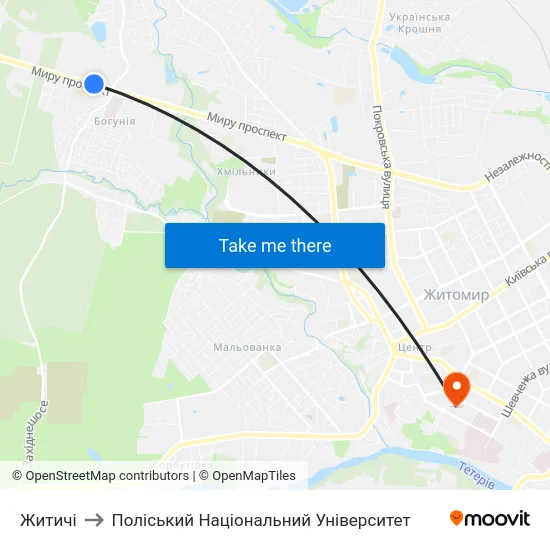 Житичі to Поліський Національний Університет map