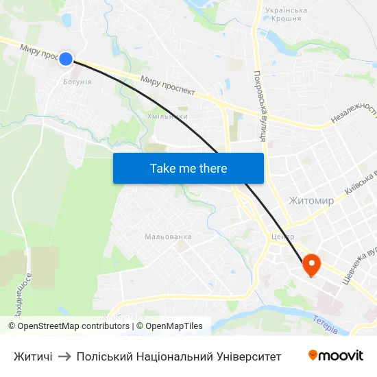 Житичі to Поліський Національний Університет map