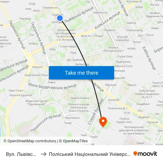 Вул. Львівська to Поліський Національний Університет map