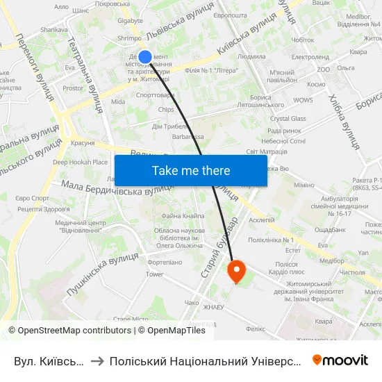 Вул. Київська to Поліський Національний Університет map