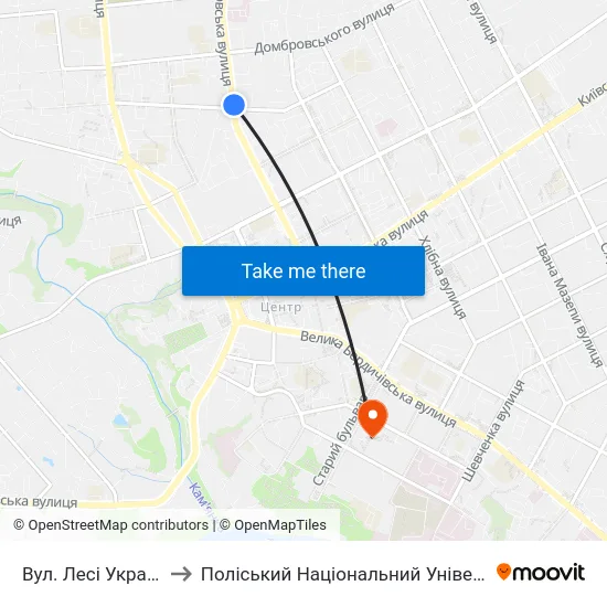 Вул. Лесі Українки to Поліський Національний Університет map