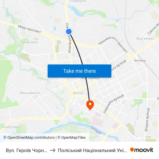 Вул. Героїв Чорнобиля to Поліський Національний Університет map