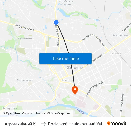 Агротехнічний Коледж to Поліський Національний Університет map