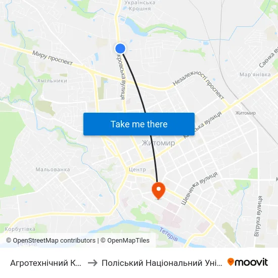 Агротехнічний Коледж to Поліський Національний Університет map