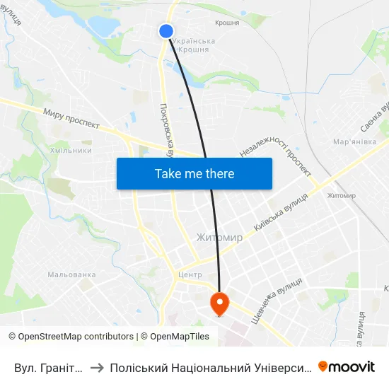 Вул. Гранітна to Поліський Національний Університет map