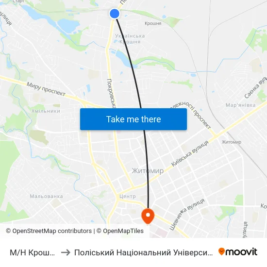 М/Н Крошня to Поліський Національний Університет map