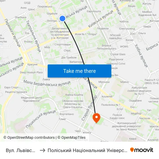 Вул. Львівська to Поліський Національний Університет map