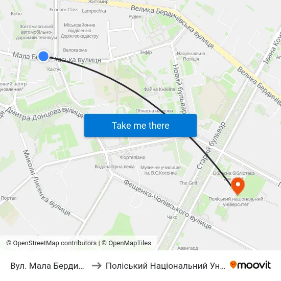 Вул. Мала Бердичівська to Поліський Національний Університет map
