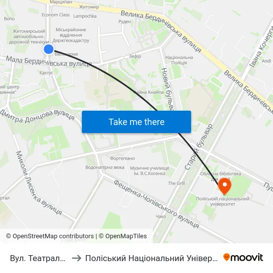 Вул. Театральна to Поліський Національний Університет map