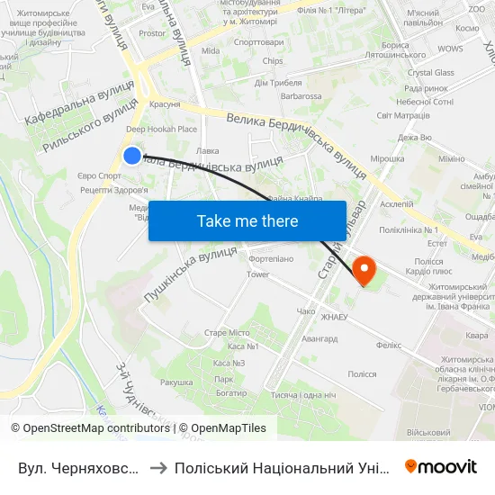 Вул. Черняховського to Поліський Національний Університет map