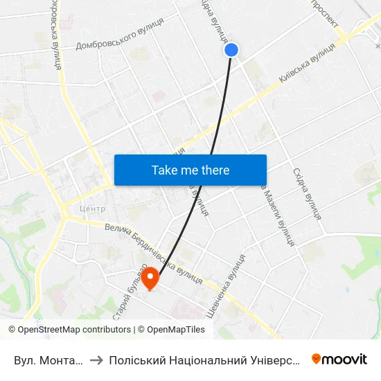 Вул. Монтана to Поліський Національний Університет map