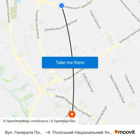 Вул. Генерала Потапова to Поліський Національний Університет map