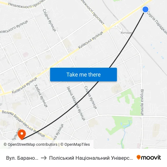Вул. Баранова to Поліський Національний Університет map