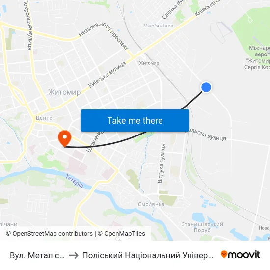 Вул. Металістів to Поліський Національний Університет map