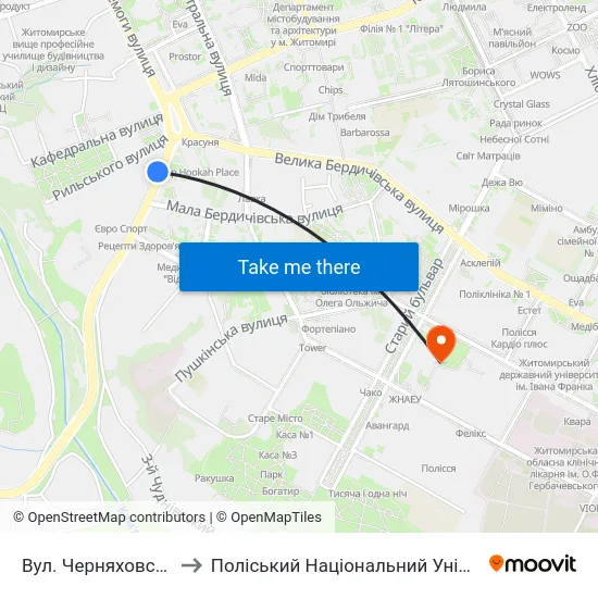 Вул. Черняховського to Поліський Національний Університет map