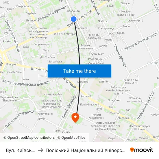 Вул. Київська to Поліський Національний Університет map