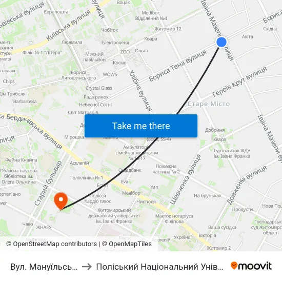 Вул. Мануїльського to Поліський Національний Університет map