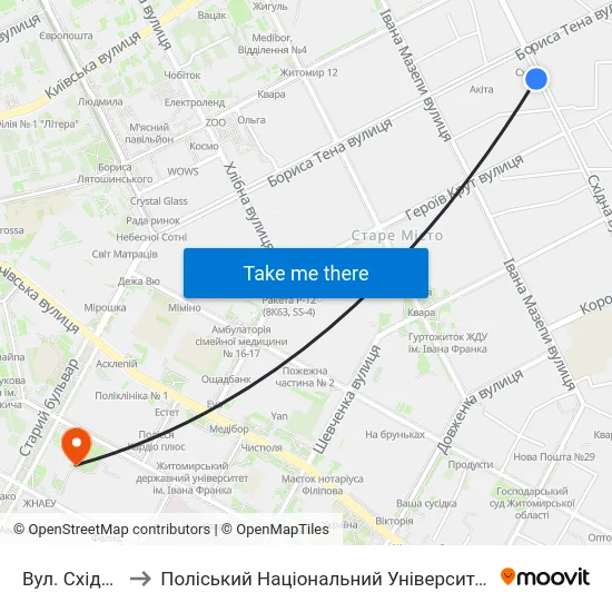 Вул. Східна to Поліський Національний Університет map