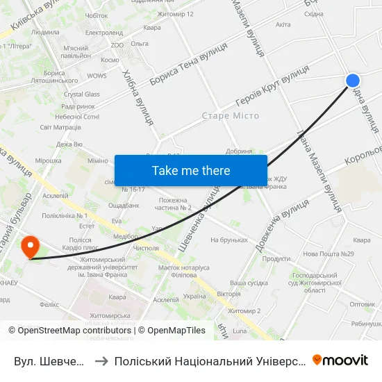 Вул. Шевченка to Поліський Національний Університет map