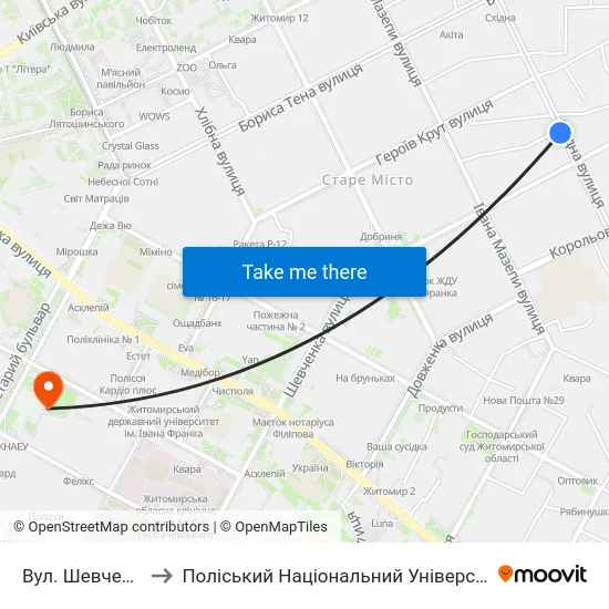 Вул. Шевченка to Поліський Національний Університет map