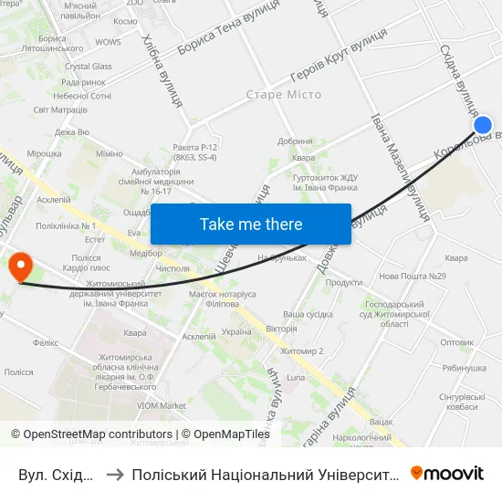Вул. Східна to Поліський Національний Університет map