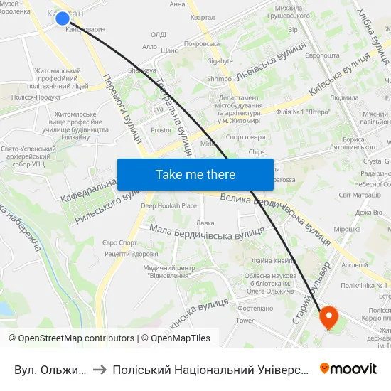 Вул. Ольжича to Поліський Національний Університет map