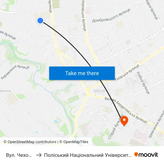 Вул. Чехова to Поліський Національний Університет map