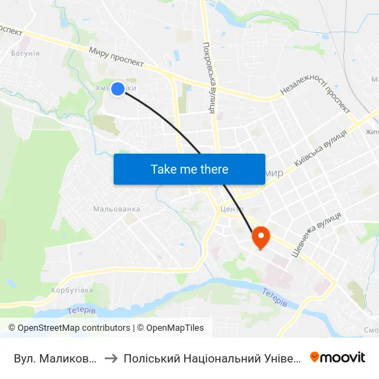 Вул. Маликова 30 to Поліський Національний Університет map