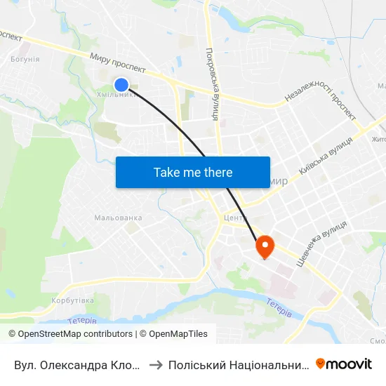 Вул. Олександра Клосовського 10 to Поліський Національний Університет map