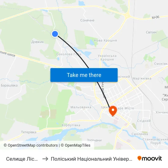 Селище Лісове to Поліський Національний Університет map