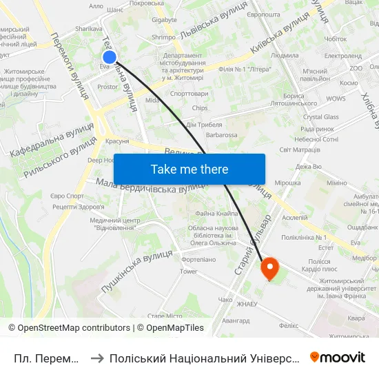 Пл. Перемоги to Поліський Національний Університет map