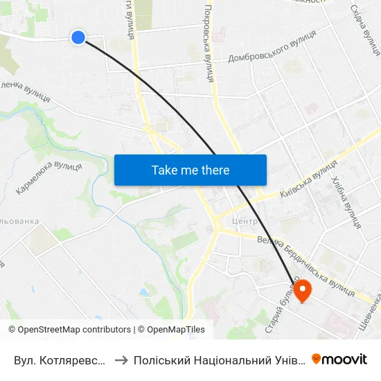 Вул. Котляревського to Поліський Національний Університет map