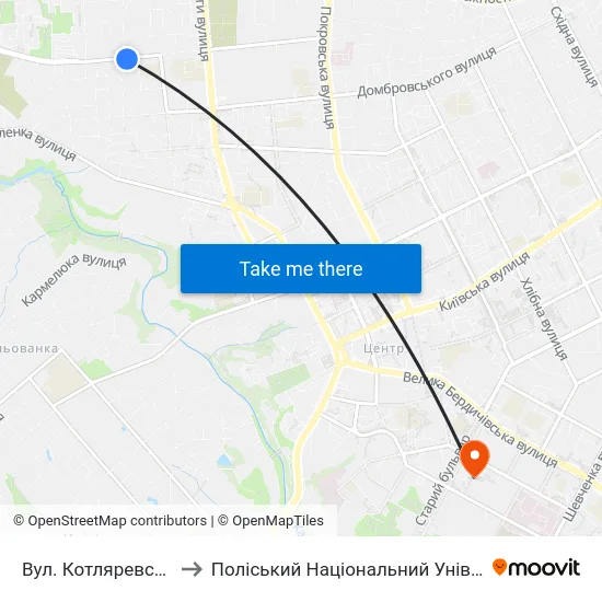 Вул. Котляревського to Поліський Національний Університет map