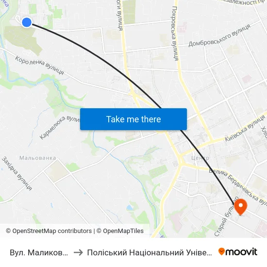 Вул. Маликова 16 to Поліський Національний Університет map