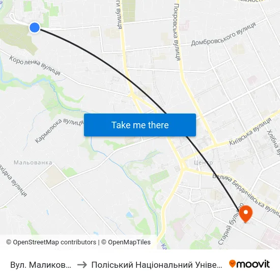 Вул. Маликова 12 to Поліський Національний Університет map