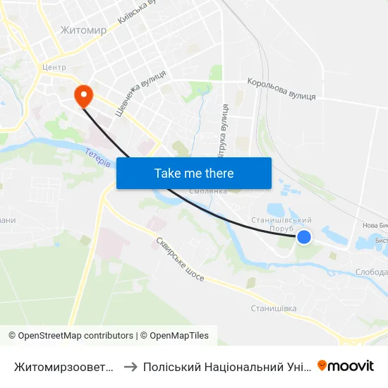 Житомирзооветпостач to Поліський Національний Університет map