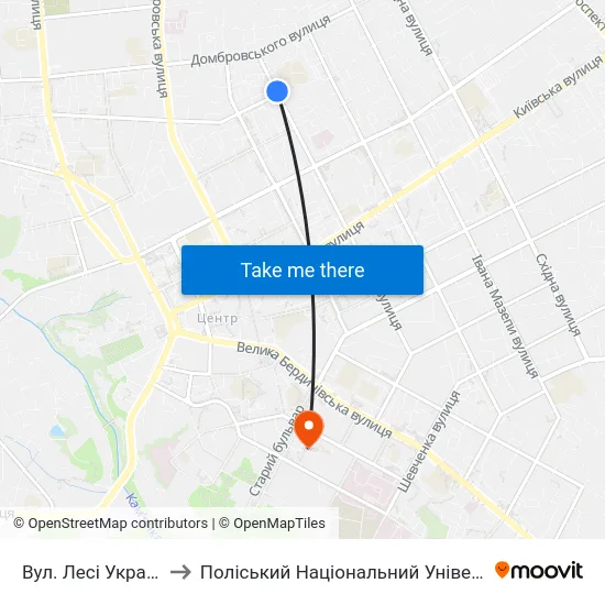 Вул. Лесі Українки to Поліський Національний Університет map