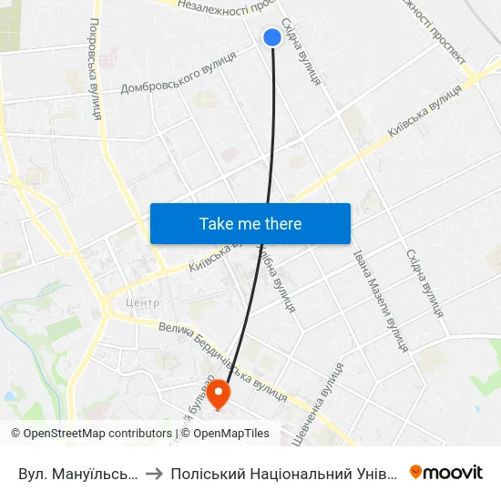 Вул. Мануїльського to Поліський Національний Університет map