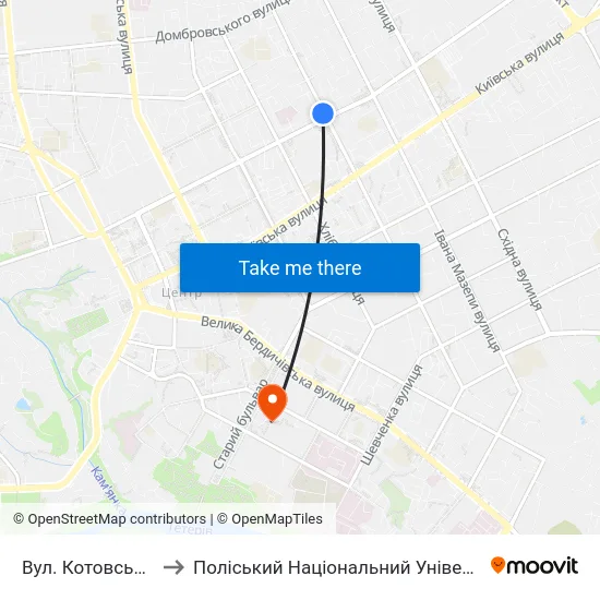 Вул. Котовського to Поліський Національний Університет map