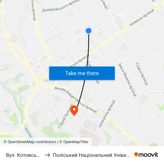 Вул. Котовського to Поліський Національний Університет map