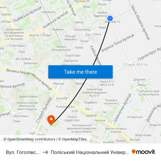 Вул. Гоголівська to Поліський Національний Університет map