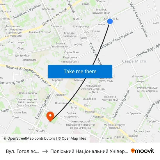 Вул. Гоголівська to Поліський Національний Університет map